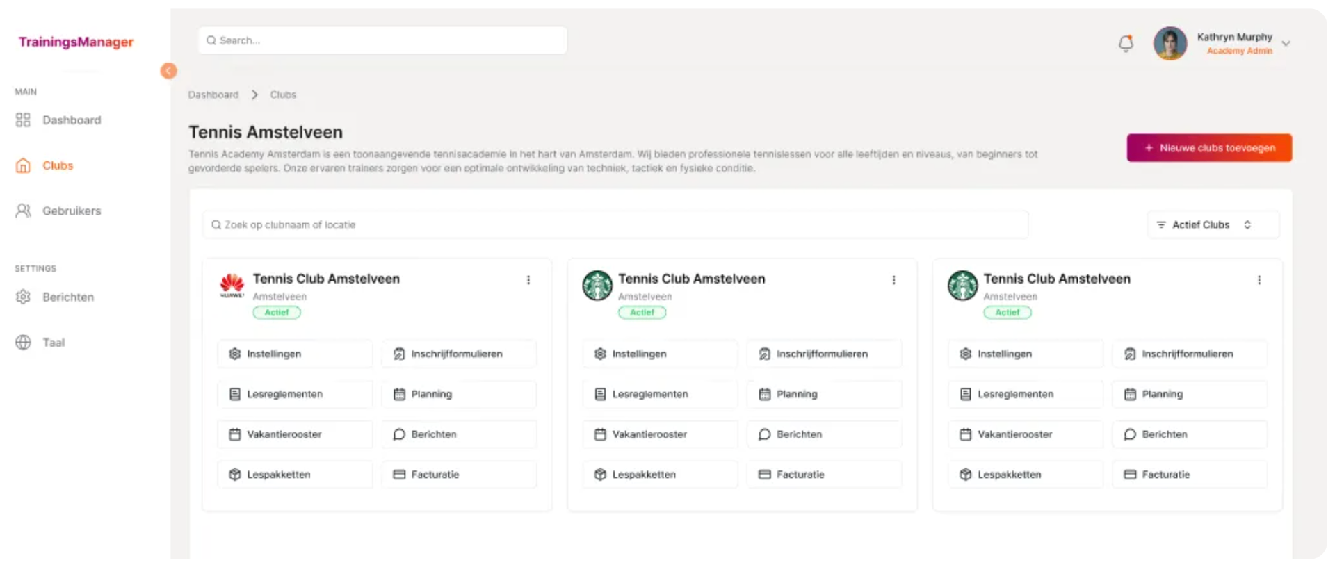 Trainingsmanager dashboard met trainingen, teams en betalingen
